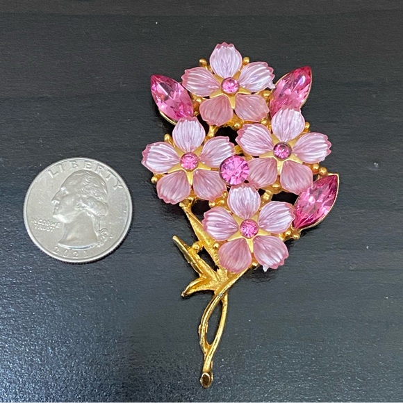 Vintage Unsigned Pink Rhinestones Flower Bouquet Brooch - Picture 4 of 15